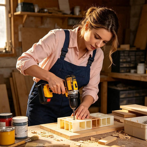 Woman using 21V Cordless Drill And Screwdriver Combo Offers Beast Mode Power For Serious Homeowners in workshop.