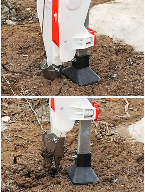 Garden Transplanter Seeder With No Bend Double Hole Seed Fertilizer Spreader planting tool in soil close-up