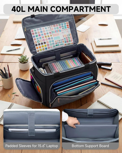 Open view of Rolling Teacher Tote Bag With Accordion File Organizer And Fifteen Point Six Inch Laptop Compartment Five Wheel Design