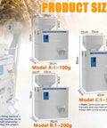 Product size chart showing Automatic Digital Filling Machine With Precision Scale And Foot Pedal for models A, B, C.
