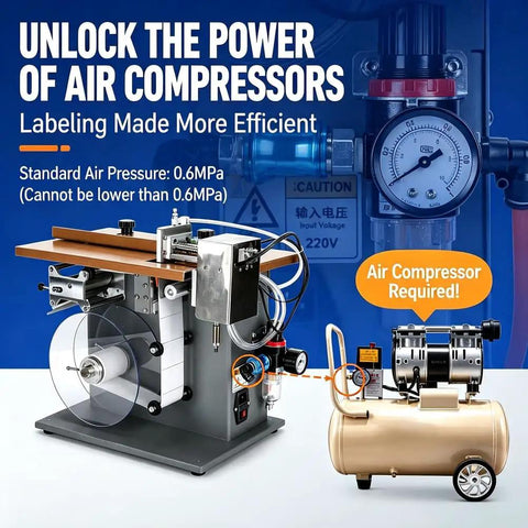 Avsmgp High Speed Flat Label Applicator With Precision Plc Control System showing labeling machine with air compressor connection.