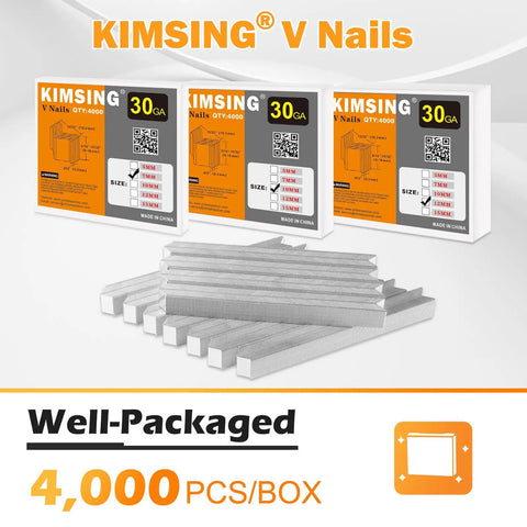 Pro Grade 30 Gauge Carbon Steel V Nails 7MM Length By 10 3MM Width For Nail Techs 4000 Piece Bulk Box displayed with packaging.