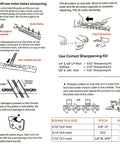 Chainsaw sharpening instructions guide with diagrams, showing correct file sizes and procedures for the Eight Pack Chainsaw Sharpening File Kit With Round Files 5 32 3 16 7 32 Inch And 6 Inch Flat File Wood Handle Filing Guide Depth Gauge Tool Travel Pouch For Quick On Site Chain Maintenance.