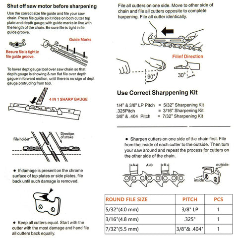 Chainsaw sharpening instructions guide with diagrams, showing correct file sizes and procedures for the Eight Pack Chainsaw Sharpening File Kit With Round Files 5 32 3 16 7 32 Inch And 6 Inch Flat File Wood Handle Filing Guide Depth Gauge Tool Travel Pouch For Quick On Site Chain Maintenance.