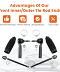 6 Piece Front Tie Rods Kit With Inner And Outer Tie Rod Ends And Boots Replacement For Cadillac Escalade ESV EXT Tahoe Suburban Silverado Sierra Yukon XL 1500 Chevy GMC Direct Fit Upgrade, front view with boots
