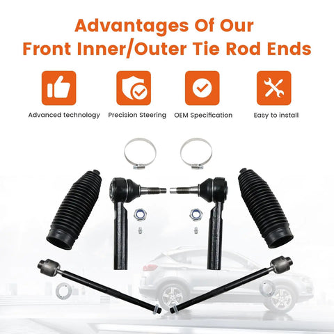 6 Piece Front Tie Rods Kit With Inner And Outer Tie Rod Ends And Boots Replacement For Cadillac Escalade ESV EXT Tahoe Suburban Silverado Sierra Yukon XL 1500 Chevy GMC Direct Fit Upgrade, front view with boots