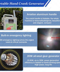 Hand Crank Emergency Power Generator Portable 150W Power Supply for Camping and Outdoors with emergency lighting, handle, gear.