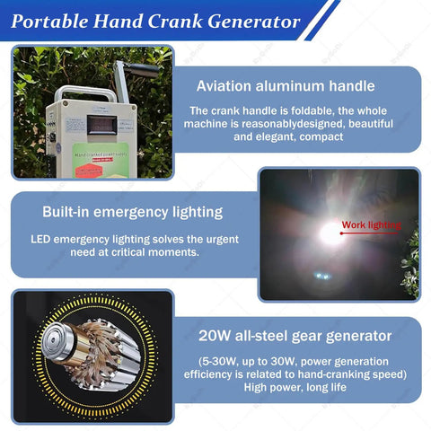 Grab And Go Hand Crank Generator 150W Portable USB Charger with features like built-in emergency lighting and aluminum handle.