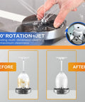 Stainless Steel Glass Rinser With 360 Degree Rotating Spray For Kitchen Sink, Eight Water Outlets in use, showing before and after cleaning