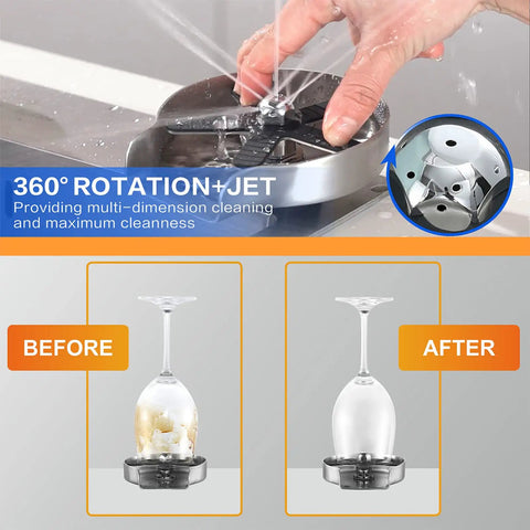 Stainless Steel Glass Rinser With 360 Degree Rotating Spray For Kitchen Sink, Eight Water Outlets in use, showing before and after cleaning