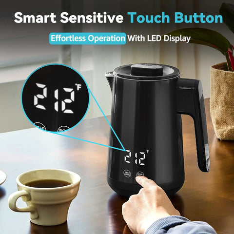 850Ml Small Electric Kettle With Temperature Control Your Quick Heat Buddy 800W Fast Boil Double Wall 304 Stainless Steel Five Temperature Presets Auto Shut Off Safe For Tea And Coffee Compact Kitchen Office Dorm Black with LED display on kitchen table, finger touching button, cup of tea nearby.