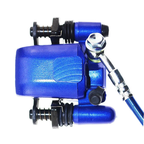 Rear And Front Hydraulic Brake Assembly Kit Bolt On With Caliper Master Cylinder Disc Rotor And Brake Pads For Go Kart Golf Cart ATV Blue Fits 50cc To 200cc Quad Bikes Durable Replacement Parts For Go Kart And ATV With Superior Stopping Power close-up of blue caliper component