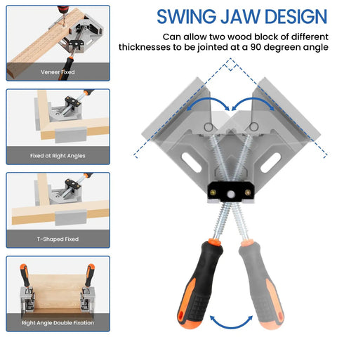 Heavy Duty Corner Clamp 4 Pack 90 Degree Right Angle Clamp with Adjustable Aluminum Alloy Swing Jaw and Single Handle, various uses.