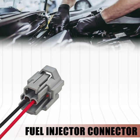 Heavy Duty Two Pin Fuel Injector Connector Wiring Pigtail Plugs For Toyota Mazda Mitsubishi Nissan Subaru EV1 EV6 EV14 Replacement harness in gray with dual pin layout.