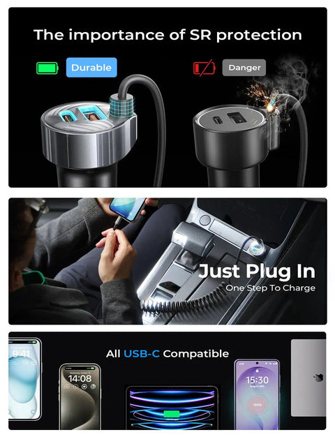 90W USB C Car Charger With 45W Coiled Cable For IPhone 17 16 15 Pro Max And IPhone 17E 16 15 Pro Max Plus Air Galaxy S26 Ultra And Android The Ultimate In Car Fast Charging with SR protection, showcasing dual USB ports and coil cable.