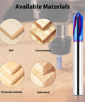 CNC Wood Carving Router Bit Set With One Quarter Inch Shank 15 Degree Detail Liner 20 Degree Profile Bit Plus 30 Degree 60 Degree And 90 Degree V Groove Bits Solid Carbide With Nano Blue Coating For Heat Resistance Max RPM 24000 For DIYers with materials MDF, particleboard, plywood, and solid wood visible.