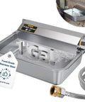 Hassle Free One Gallon Automatic Dog Water Dispenser Stainless Steel Self Filling Bowl showing 1 gal capacity and food-grade tag.
