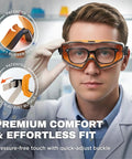 Over Glasses Safety Goggles With Anti Fog Clear Lenses for Lab Work depicted on a male model in a lab setting, showing adjustable headband.
