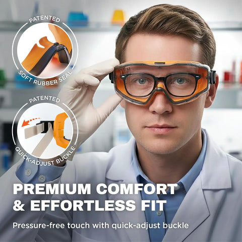 Over Glasses Safety Goggles With Anti Fog Clear Lenses for Lab Work depicted on a male model in a lab setting, showing adjustable headband.