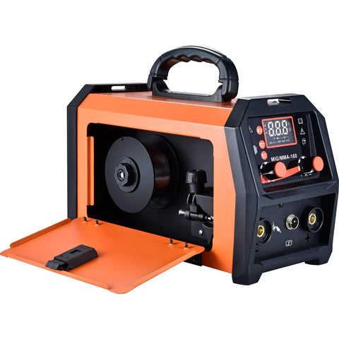 Dual Voltage 160A MIG Welder 110V 220V 4 In 1 Welding Machine with open compartment showing wire spool