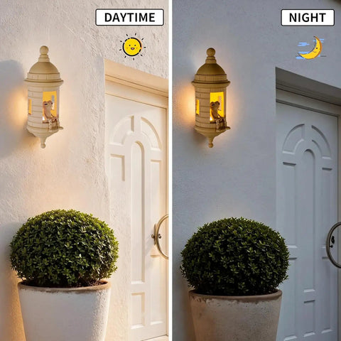 Garita Coqui Frog Wall Lamp with Sound Multi Color Changing Light, remote control, day and night view on white exterior wall.