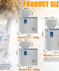 Product size chart for Automatic Granular Filler 300W With Smart Scale And Three Speed Controls for packing different capacities.