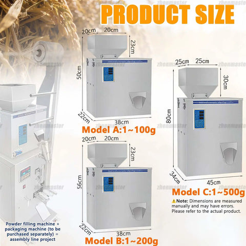 Product size chart for Automatic Granular Filler 300W With Smart Scale And Three Speed Controls for packing different capacities.