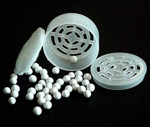 Replacement Filter Cartridge Set For Water Softener Shower Heads SH388 And SH888 with filter balls and cover components shown