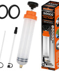 HORUSDY 500cc fluid extractor kit for automotive use; clear syringe with orange cap, plunger, two tubes, and O-rings.