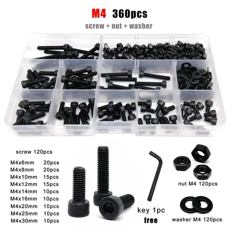 Hex Socket Cap Head Screws and Nuts Kit in Black Grade 12.9 Steel DIN912 M1.6 To M8 Includes Driver Bits Boxed Set with 1200 M1.6 Screws 400 M2 400 M2.5 400 M3 Nuts and Washers Heavy Duty DIY Garage Projects, M4 assortment