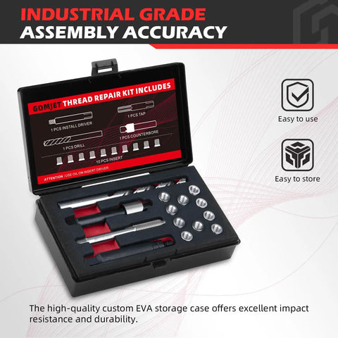 M6x1.0 Metric Thread Repair Kit With 9.4mm Stainless Steel Inserts in a case with counterbore, drill, tap, and driver.