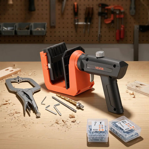 Pocket Hole Jig Kit for Woodworking With Adjustable Half Inch Three Quarters Inch One And A Half Inch Settings 360 Degree Rotating Handle Includes 260 Screws C Clamp Stop Collar Drill Bit Easy Clamping Quick Setup on workbench