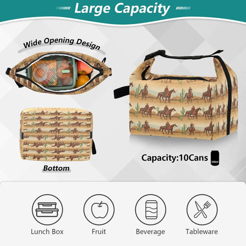 Cowboy Themed Lunch Bag Insulated Tote for Everyday Grub, leakproof, large capacity, with wide opening, showing picnic items inside