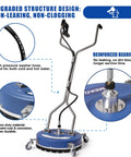 Beast Mode Twenty-Inch Pressure Washer Surface Cleaner With Wheels, 4500 PSI Attachment, reinforced bearing and hose details.