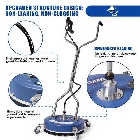 Beast Mode Twenty-Inch Pressure Washer Surface Cleaner With Wheels, 4500 PSI Attachment, reinforced bearing and hose details.
