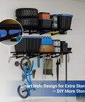Heavy Duty Garage Wall Shelves 2 Pack 24 By 72 Inch Mounted Shelving Set Holds Up To 1400 Lbs Total Black Classic Series Durable Powder Coat Finish Beefy Built For Garage Organization And Heavy Load Storage wall-mounted in garage with bins, tires, and tools