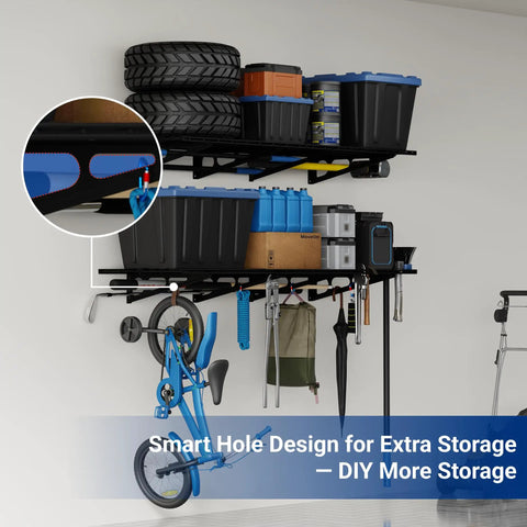 Heavy Duty Garage Wall Shelves 2 Pack 24 By 72 Inch Mounted Shelving Set Holds Up To 1400 Lbs Total Black Classic Series Durable Powder Coat Finish Beefy Built For Garage Organization And Heavy Load Storage wall-mounted in garage with bins, tires, and tools