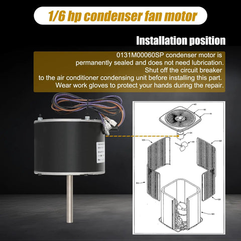 Condenser Fan Motor Replacement One Sixth Horsepower 208 to 230 V 1.5 Amp OEM Direct Fit for HVAC Systems diagram