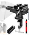 All-In-One Golf Grip Removal And Regrip Kit With 360 Degree Swivel Table Vise, Pro-Grade Grip Vise Clamp, Hook Knife For Grip Removal, Protective Sleeve, And 13 Double-Sided Tapes (2x10), No Solvent Needed For Quick, Clean Regrips, shown with vise, gloves, and tools