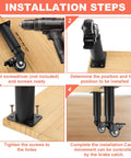 Installation steps for Adjustable Metal Furniture Legs With Swivel Casters, 4 Pack, showing tools and procedures on wood surface.