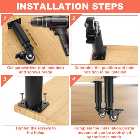 Installation steps for Adjustable Metal Furniture Legs With Swivel Casters, 4 Pack, showing tools and procedures on wood surface.
