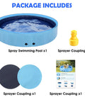 Massive 87 Inch Dog Pool With Sprinkler 2 In 1 Foldable Splash Pad components shown, including pool, sprayer coupling, and instructions.