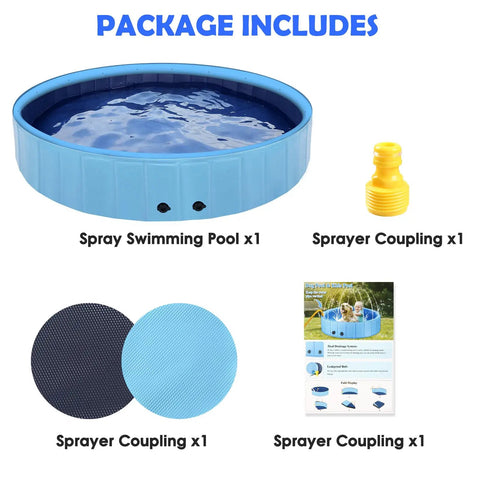 Massive 87 Inch Dog Pool With Sprinkler 2 In 1 Foldable Splash Pad components shown, including pool, sprayer coupling, and instructions.