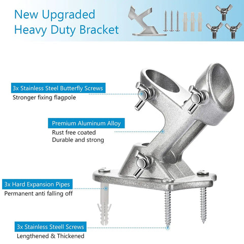 Heavy Duty Aluminum Flag Pole Bracket Fits One Inch Poles Rust Proof Porch Stand With Stainless Steel Hardware Wind Resistant Outdoor Flag Mount For Front Yard, showcasing the detailed bracket design and screws.