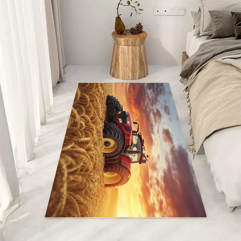 Tractor Farm Gear Area Rug 8x10 Feet Non Slip Low Pile Machine Washable Carpet For Living Room Bedroom Nursery Dining Room Home Office Sunset Wheat Field Design