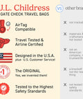 Comparison chart of J.L. Childress Gate Check Travel Bags versus other brands, highlighting air travel compatibility and quality standards.