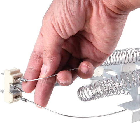 Close-up of hand holding wires of Beefed Up Dryer Heating Element And Thermostat Kit With Thermal Cutoff Fuse Replacement 3387747 WP3387747 Bundle.