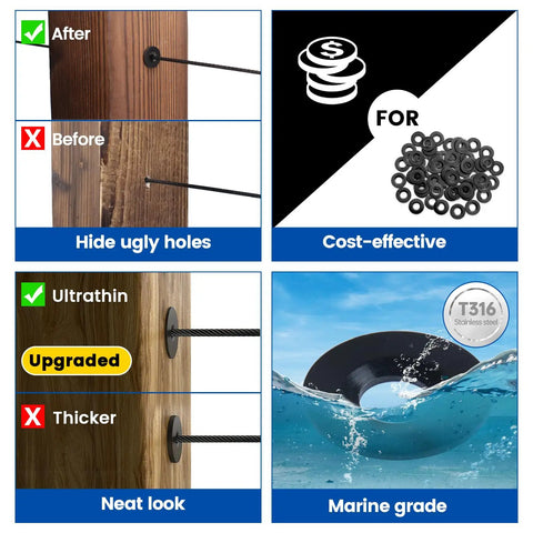 40 Pack Black Adhesive Sleeves For Cable Railing To Keep Your Wire Rope Looking Sharp Sizes 1/8 Inch 5/32 Inch 3/16 Inch comparison image.