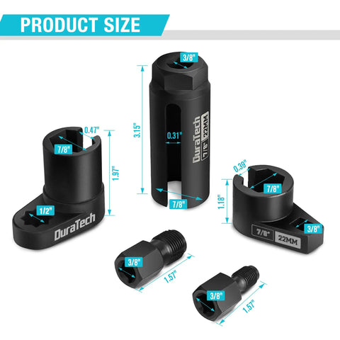 Five Piece Oxygen Sensor Socket And Thread Chaser Kit For Cars With 22mm Offset Sockets In One Half Inch And Three Eighth Inch Drives Long Socket M12 By One Point Two Five And M18 By One Point Five Thread Chasers displayed with dimensions and sizes.