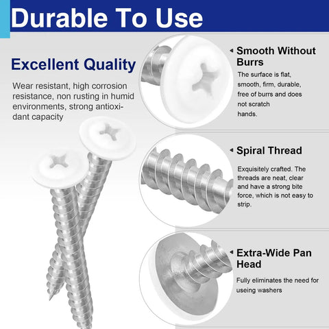 Top Shelf Number 8 White Wood Screws Assortment With Truss Head Design, 170 Piece Carbon Steel Set showing smooth white heads and spiral threads.